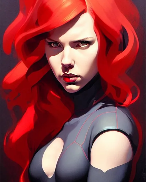 Image similar to peter mohrbacher, phil noto, artgerm, pretty scarlett johansson black widow, symmetrical eyes, long red hair