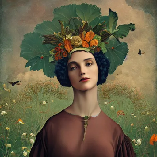 Prompt: a detailed portrait of young woman in renaissance dress and a surreal renaissance headdress, very surreal garden, strange creatures, by christian schloe and botticelli, naotto hattori, amy sol