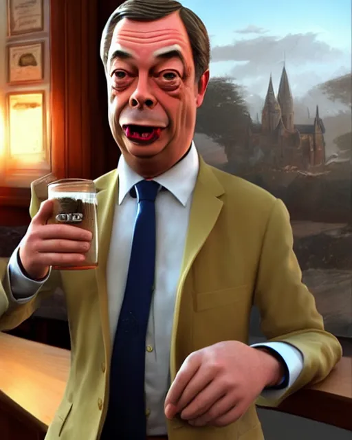 Prompt: Bitter Nigel Farage with a pint on his hand. Unreal engine, fantasy art by Betty Jiang. Faithfully depicted facial expression, perfect anatomy global illumination, radiant light, detailed and intricate environment