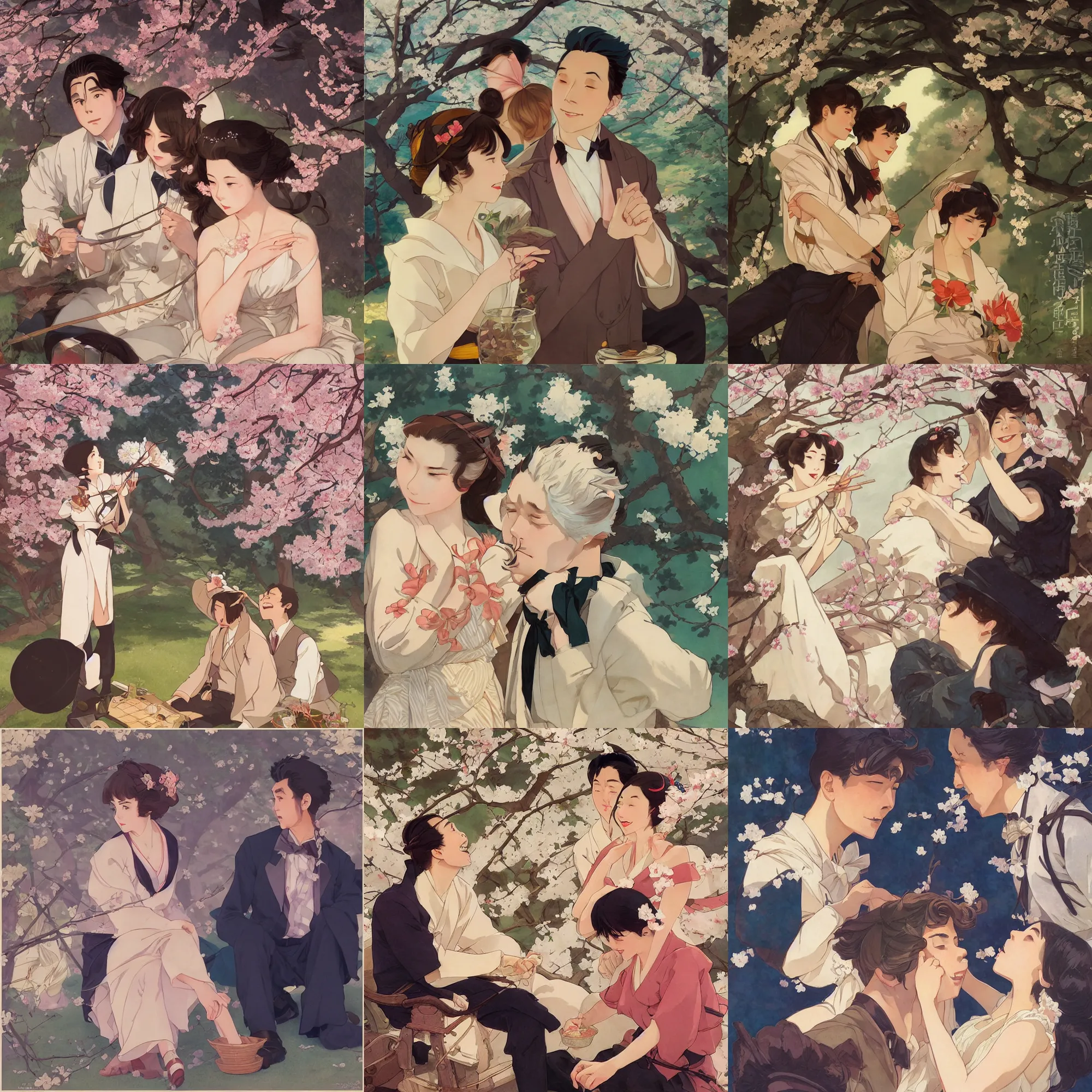 Prompt: couple enjoying hanami, in the style of studio ghibli, j. c. leyendecker, greg rutkowski, artem