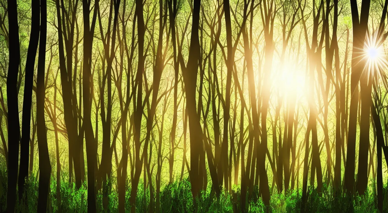 Image similar to simple pretty vector art of the inside of a forest with sun rays shining through the trees, 4 k,