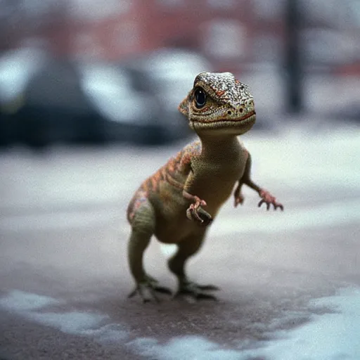 Prompt: a beautiful photo by saul leiter of a tiny dinosaur standing in the street, tiny gaussian blur, insanely detailed, insanely intricate, insanely beautiful, depth of field, low contrast, snowy, wide aperture