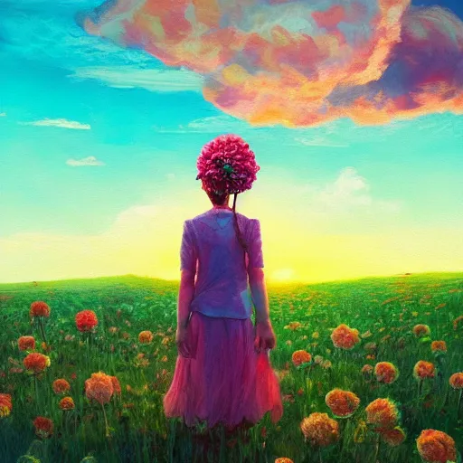 Image similar to girl with a giant carnation head, surreal photography, flower field, sunset dramatic light, impressionist painting, colorful clouds, blue sky, digital painting, artstation, simon stalenhag