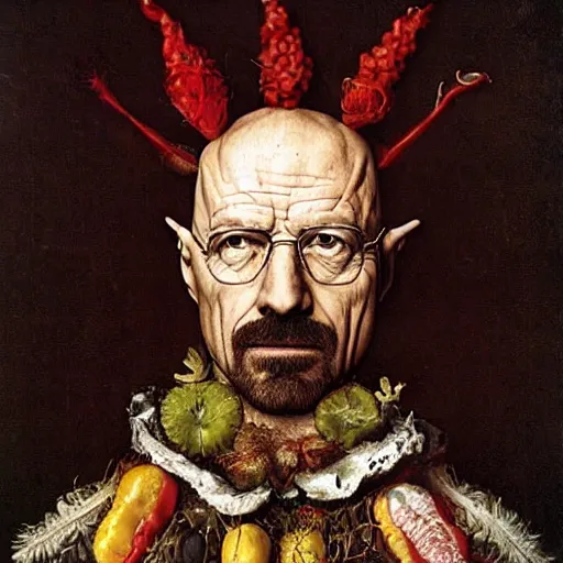 Image similar to giuseppe arcimboldo, walter white, new scifi movie, film still, seeds, legumes