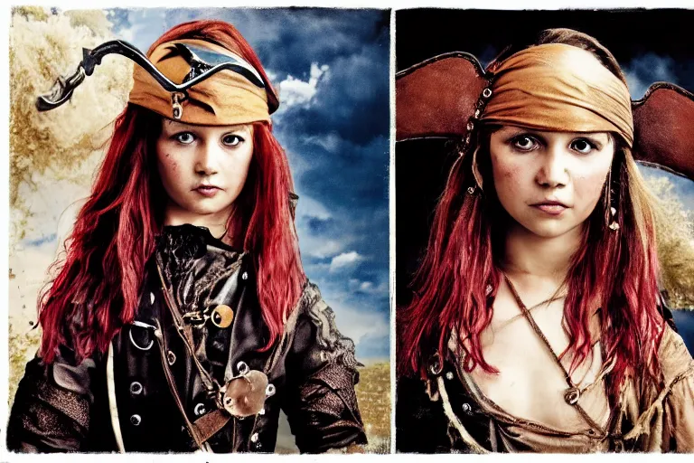 Prompt: a swashbuckling girl pirate portrait in national geographic, her clothing is sheer and futuristic