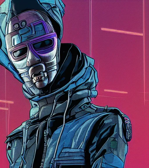 Image similar to a cyberpunk man with a patchwork face of various ethnicities, techwear, Industrial Scifi, detailed illustration, character portrait, by Martin Grip and Moebius