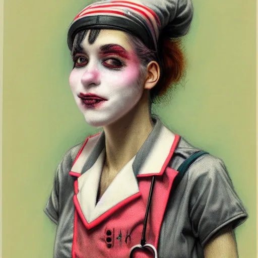 Image similar to clowncore pastel punk young hospital nurse wearing stylish uniform. detailed, portrait, 8 k, artwork by jean - baptiste monge