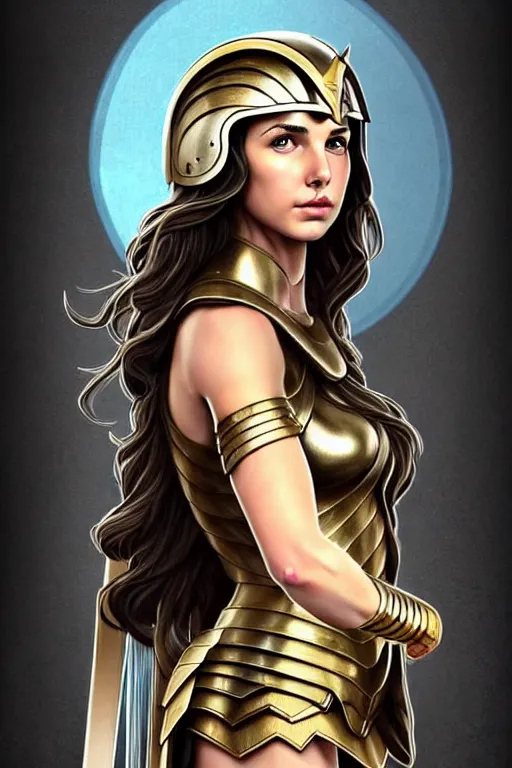 Greek goddess athena brown hair, greek helmet, owl on shoulder