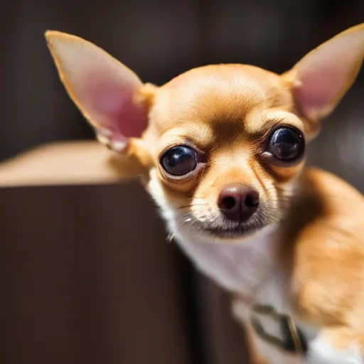 Prompt: a honey colored chihuahua puppy looking at his reflection in the mirror from the front Showing off her streetwear , Oil pain