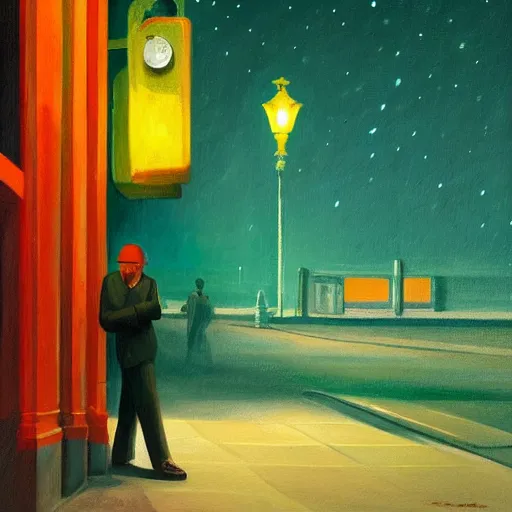 Image similar to a painting painting of a lonely man with a skull as his head waiting for the bus at night, green dramatic and cinematic light from the streetlight, the sky is full of stars, in the style of edward hopper, 4 k,