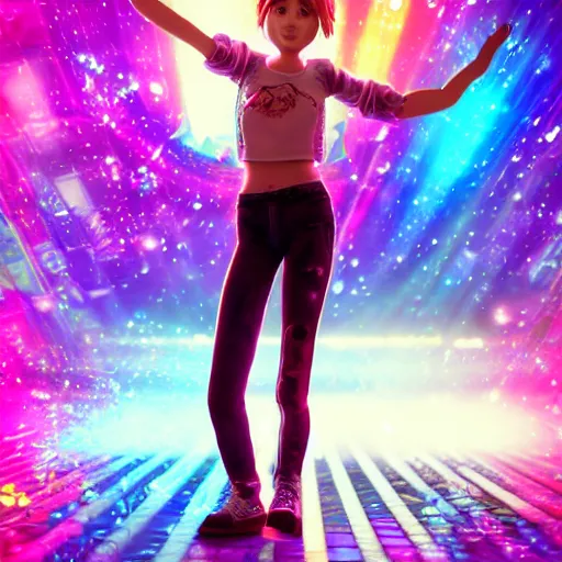 Image similar to 35mm macro shot portrait of an extremely cute and adorable Cyberpunk Prismatic Spectrum Cosmic Magical Girl Ellie (The Last of Us) from the Rainbow Sky Paradise playing Dance Dance Revolution at Eurovision and Tomorrowland, large piercing eyes, smirk, ambient occlusion, DAZ, cinematic lighting, 3D render, unreal engine 5, professional graflex photograph, flat vector art background