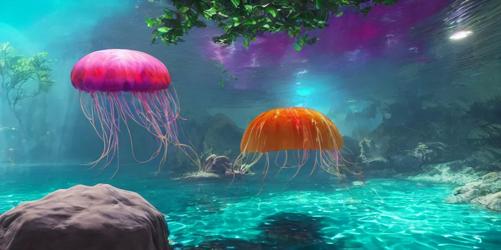 Prompt: underwater enviroment with a giant Rainbow Jellyfish.boss creature , unreal 5, hyperrealistic, realistic, photorealistic, dynamic lighting, highly detailed, cinematic landscape, studio landscape, studio lighting