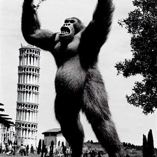 Prompt: king kong helps to straighten the tower of Pisa
