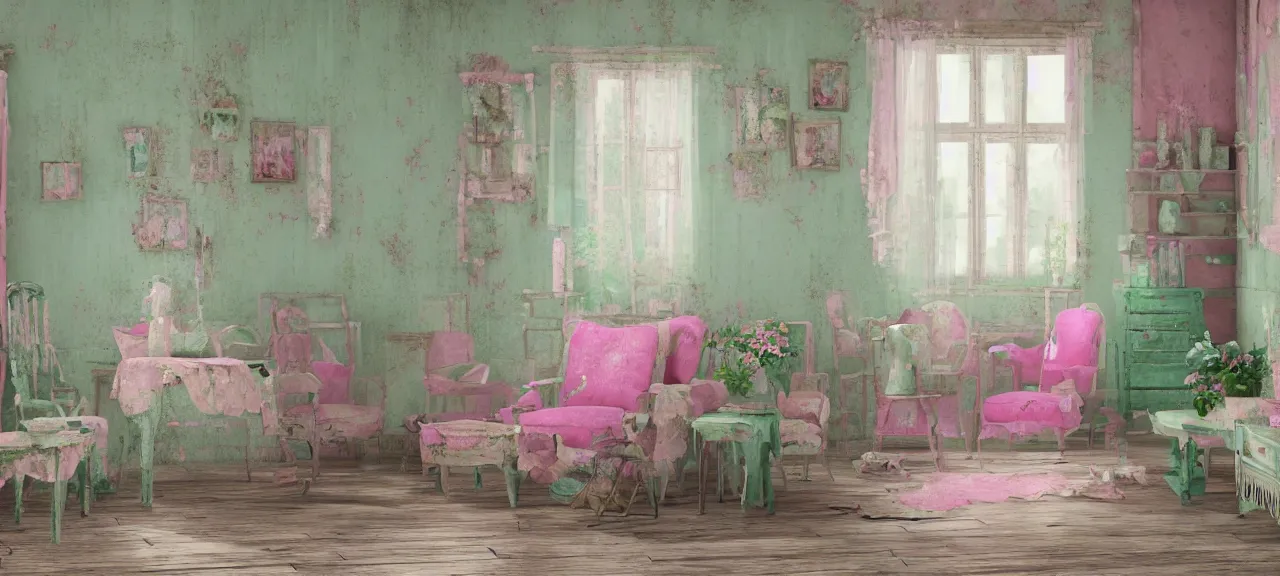 Prompt: Shabby-chic style room with distressed furniture and pastel colors, pleasant interior design, pink and green colors, Tropical interior lighting, rural view, pleasant design, messy, style of Elizabethan, 4k, wide perspective, grand composition, concept art, highly detailed, sublime, dramatic, cinematic, octane