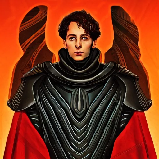 Image similar to realistic paul atreides emperor of the known universe, perfect dramatic and dark portrait by rabbitary b, trending on artstation, deviantart, dune