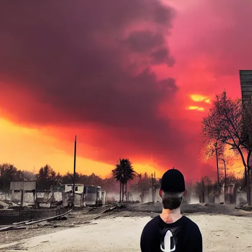 Image similar to man watching post apocalyptic city with burning red sky