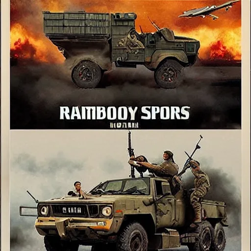 Image similar to rambo movie posters with soldiers, military trucks, helicopters, explosions