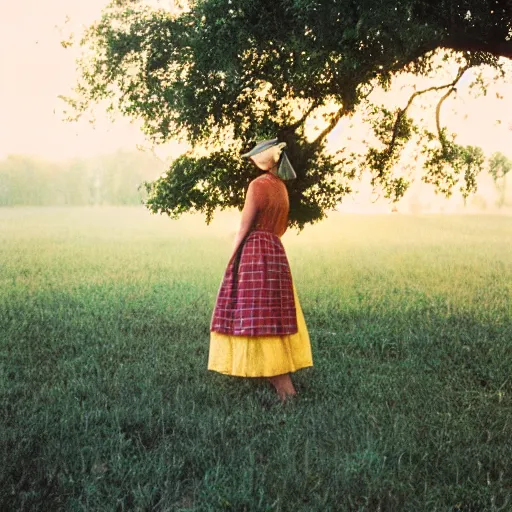 Image similar to a stunning 35mm photo of a lady who looks like she drinks sweet tea drinking sweet tea, southern pastoral scene, hazy air