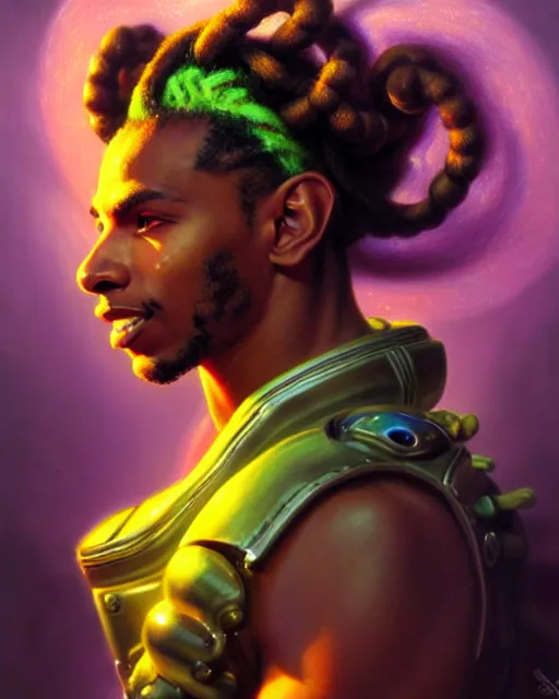 Image similar to lucio from overwatch, dreadlocks, fantasy, fantasy art, character portrait, portrait, close up, highly detailed, intricate detail, amazing detail, sharp focus, vintage fantasy art, vintage sci - fi art, radiant light, caustics, by boris vallejo