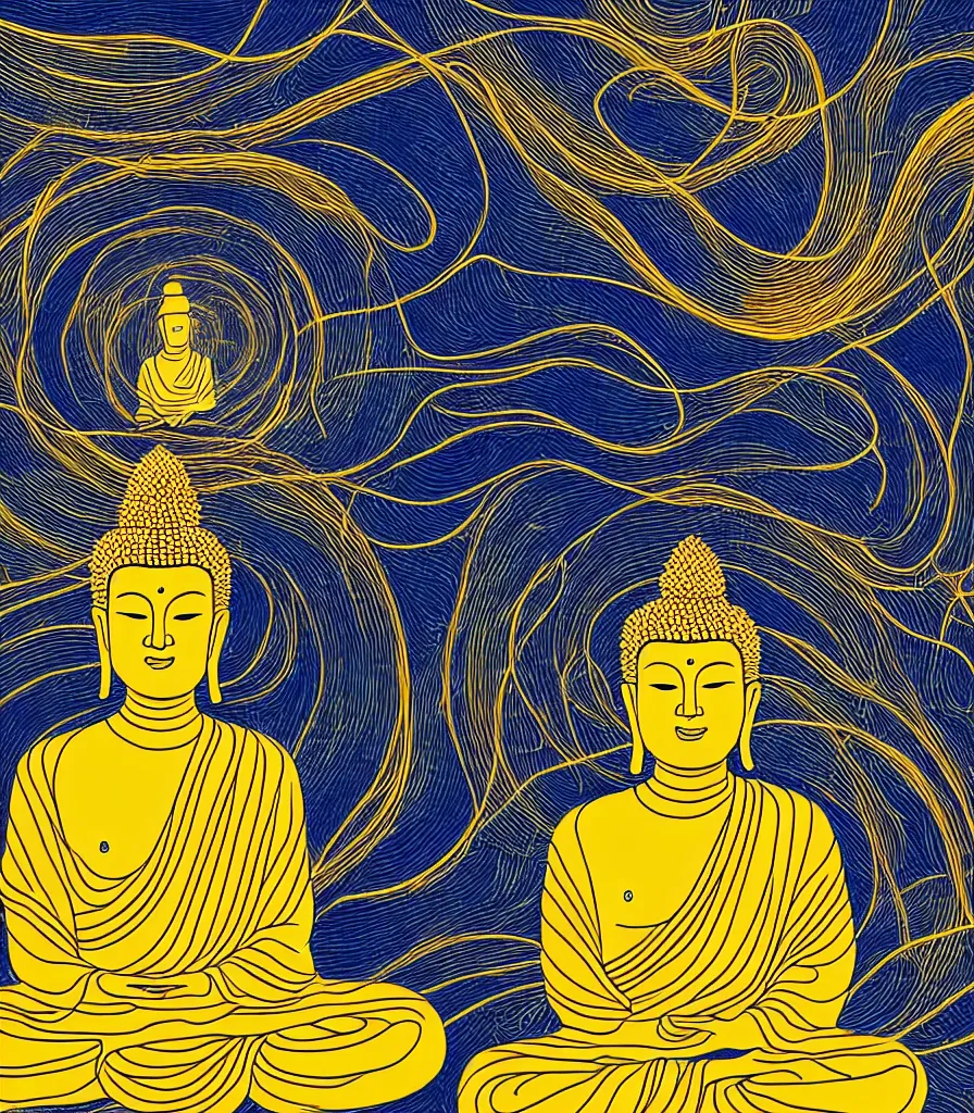 Prompt: a beautiful lineart painting of who buddhas meditating on a big cliff gazing into the universe, 4 k, high resolution, symmetrical lines, blue and gold color scheme, golden ratio