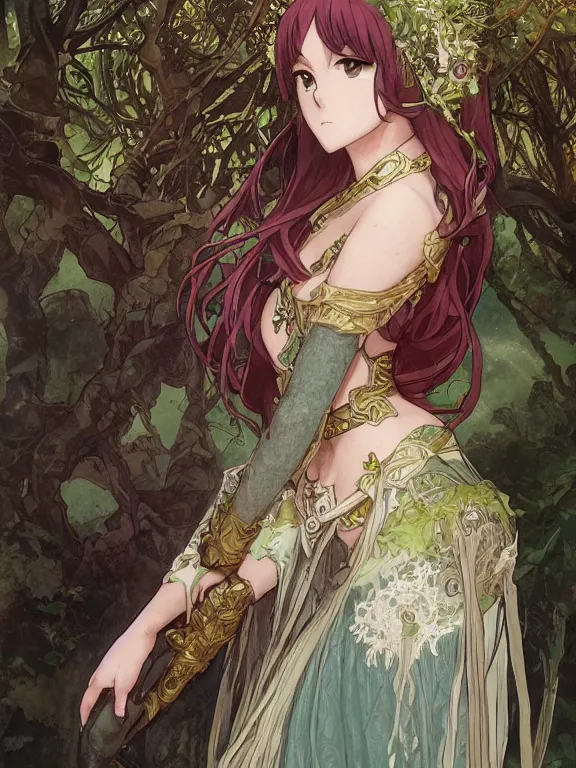 Prompt: anime key visual of amora the enchantress with her back to the camera wearing a medieval gown!! intricate, magical forest, stunning, highly detailed, digital painting, artstation, smooth, hard focus, illustration, art by artgerm and greg rutkowski and alphonse mucha