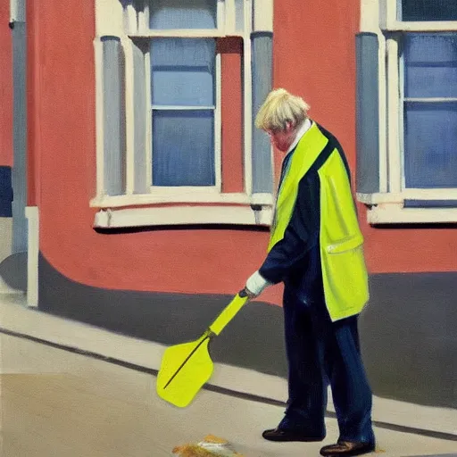 Image similar to A fine art painting of Boris Johnson doing community service in a high vis vest, he is picking litter on a British street. In the style of Edward Hopper and Wes Anderson