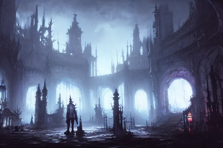 Image similar to collaborative environment concept art by Tyler Edlin, Andy Park, Feng Zhu, James Paick, Ryan Church, in the style of Bloodborne