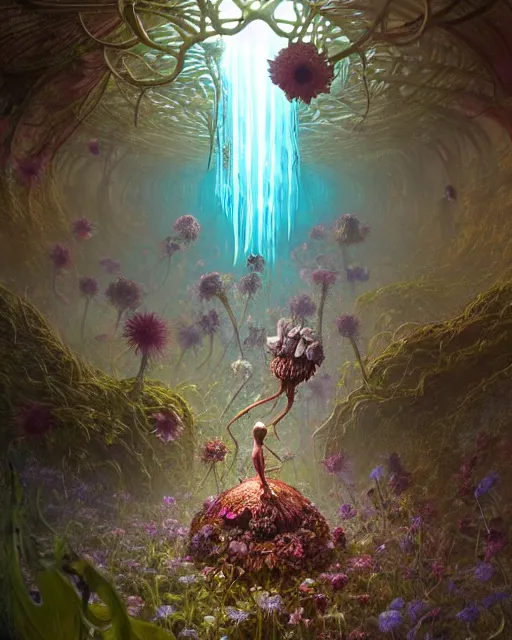 Image similar to the platonic ideal of flowers, rotting, insects and praying of cletus kasady carnage davinci dementor chtulu mandelbulb ponyo alice in wonderland dinotopia watership down botw, fantasy, ego death, decay, dmt, psilocybin, concept art by greg rutkowski and simon stalenhag and alphonse mucha