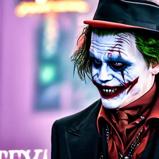 Image similar to awe inspiring Johnny Depp playing The Joker 8k hdr movie still dynamic lighting