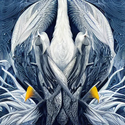 Image similar to a simple white crow painting by Android Jones and M. C. Escher collaboration, futurist, digital art, dramatic lighting