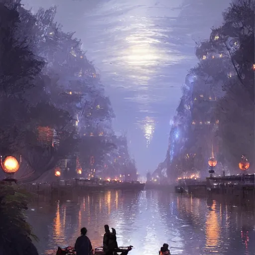 Prompt: concept art, river lanterns on the eve of ullambana festival, high resolution, by james gurney, greg rutkowski, fujishima takeji, hiroshi yoshida, artstation