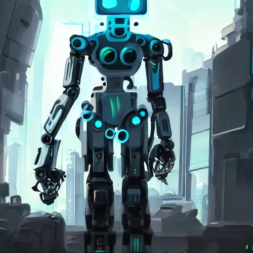 Image similar to An awesome cyberpunk robot concept art. Detailed concept art trending on artstation.