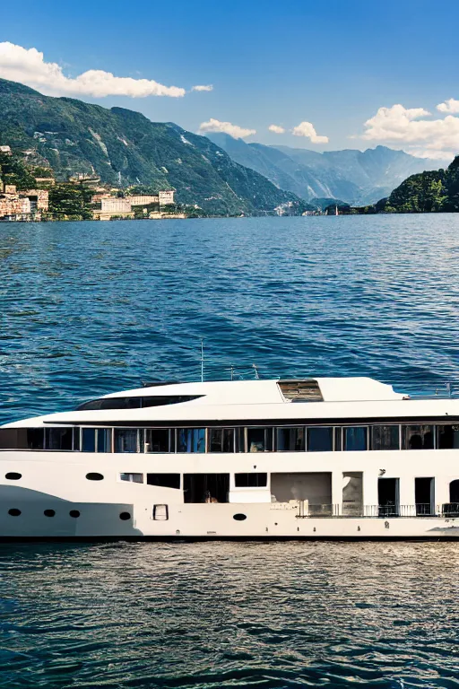 Prompt: Photo of a Riva Aquarama docked in Lake Como, with Lake Como in the background, wide shot, daylight, blue sky, summer, dramatic lighting, award winning, highly detailed, 1980s, luxury lifestyle, fine art print, best selling.