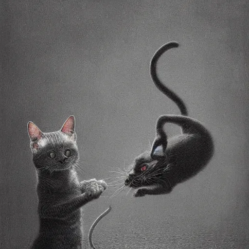 Prompt: An evil cat chasing a mouse, eerie, digital art by Beksinski