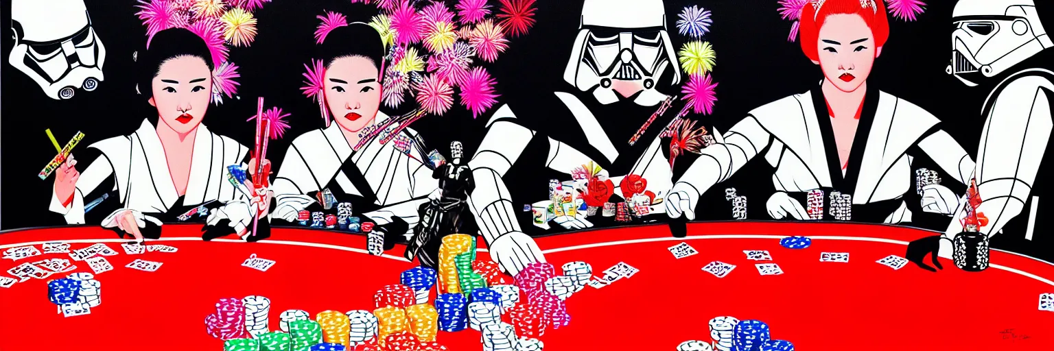 Image similar to hyperrealism composition of the detailed woman in a japanese kimono sitting at an extremely detailed poker table with darth vader and stormtrooper, fireworks on the background, pop - art style, jacky tsai style, andy warhol style, acrylic on canvas