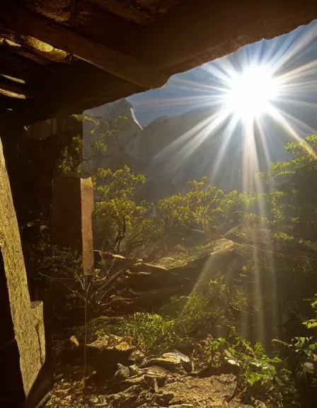 Image similar to vintage color photo of light rays shinning through a hidden temple in Cordillera De Los Andes, 8k definition