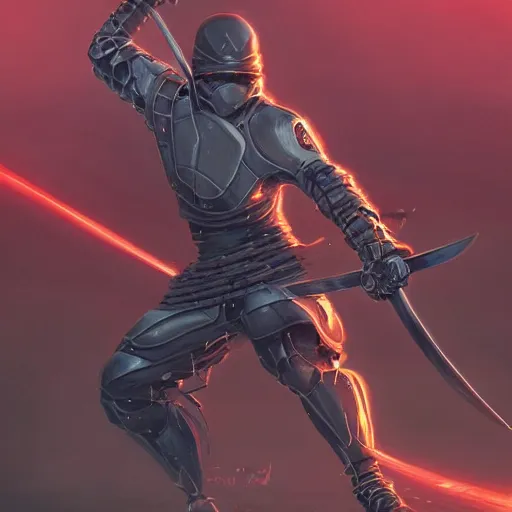 Image similar to combat ninja cyborg wielding katanas designed by jony ive, painted by michael whelan and gilbert williams and evgeny lushpin and artgerm and alena aenami, highly detailed, artstation