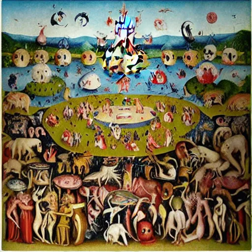 Image similar to Garden of Earthly Delights in the style of Where’s Waldo search and find book