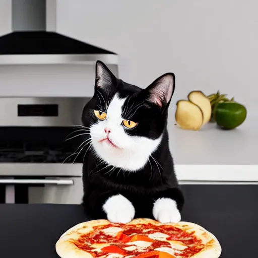 Image similar to black and white exotic shorthair making pizza in a modern kitchen, realistic photo,