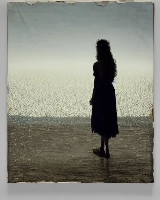 Image similar to a woman standing by the sea, made of intricate decorative lace leaf skeleton, in the style of the dutch masters and gregory crewdson, dark and moody