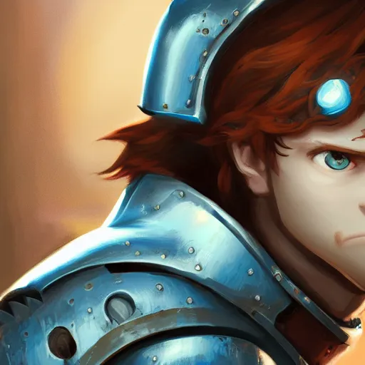 Image similar to portrait of a young redheaded man with blue eyes and wearing armor, medieval background, highly detailed, digital painting, artstation, matte, by makoto shinkai, animation style, studio ghibli, anime key visual