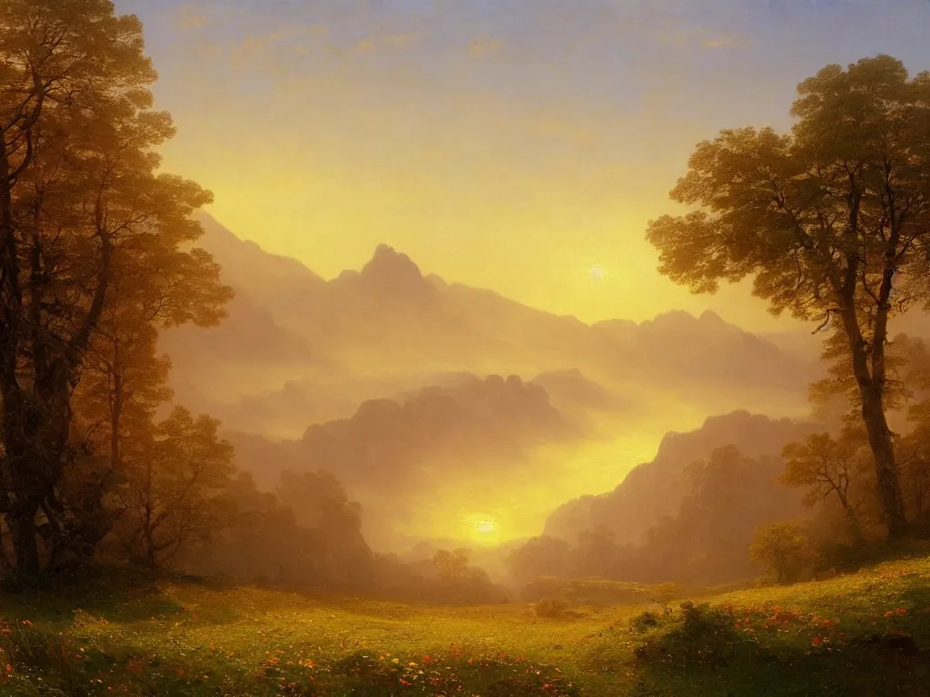 Image similar to epic landscape with rolling hills, groups of old trees with flower meadows and misty mountains with snowy tops in the far background in the light of a beautifyl sunrise by alexandre calame and bob ross, godrays, golden ratio, velvia 5 0, large format camera, artstation, vray render