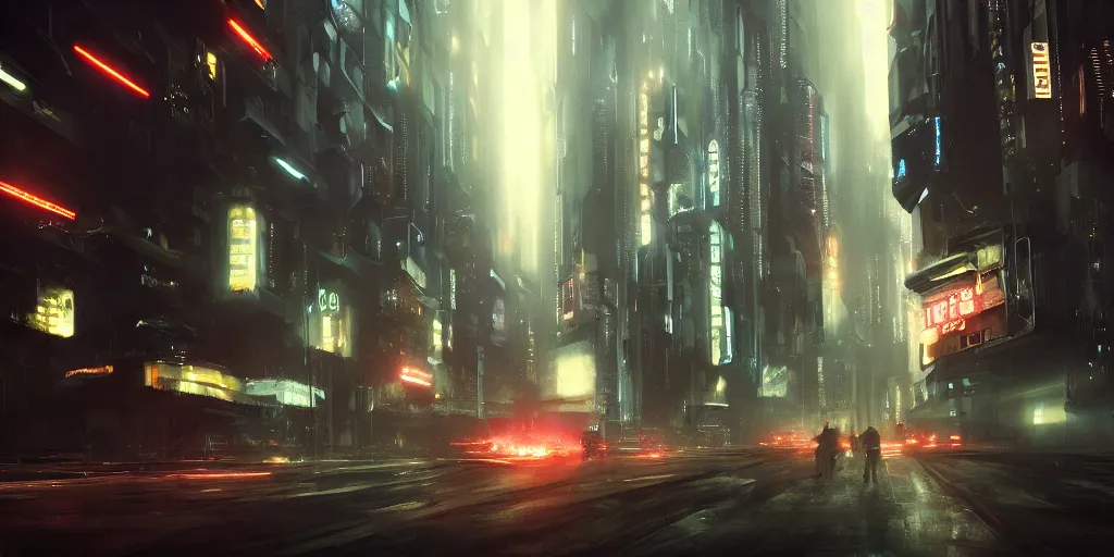 Prompt: modern futuristic city, cinematic, blade runner style, robots and humans, atmospheric, hazy, dark lighting, ILM, vfx, cinematography by greig fraser