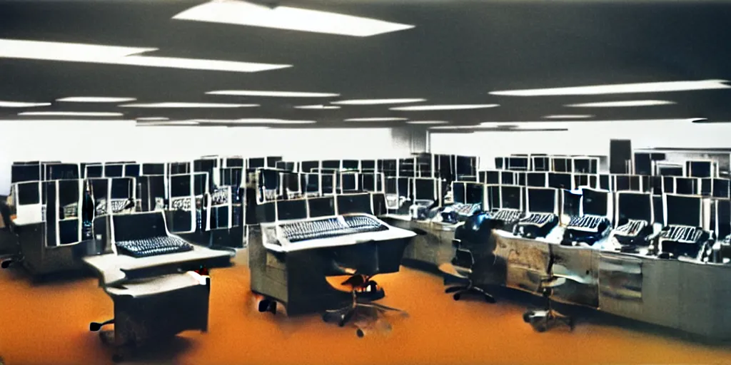 Image similar to a large 1970's computing room with 9-track machines and glowing screens. by IBM by Amdahl.