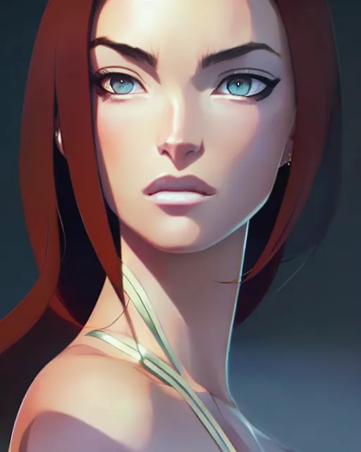 Image similar to azctec princess, megan fox, gemstone forehead, detailed perfect face, exquisite details, fire magic, mid view, design on a white background, by studio muti, greg rutkowski makoto shinkai takashi takeuchi studio ghibli