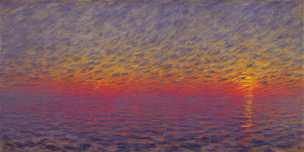 Image similar to An aesthetically pleasing, dynamic, energetic, lively, well-designed digital art of a sunset, light and shadow, caustics, by Claude Monet, superior quality, masterpiece, excellent use of negative space.