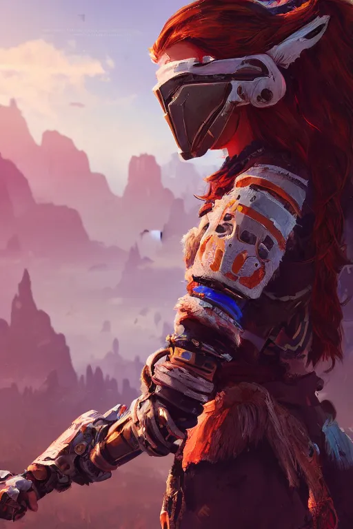 Image similar to combination suit armor aloy horizon forbidden west horizon zero dawn radiating a glowing aura global illumination ray tracing hdr fanart arstation by ian pesty and alena aenami artworks in 4 k tribal robot ninja mask helmet backpack