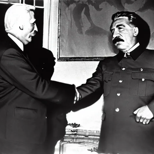 Image similar to color photo of stalin and trump shaking hands, award winning photo, 3 5 mm camera