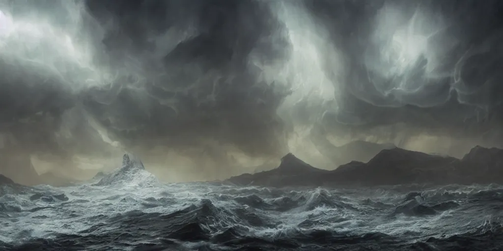 Image similar to photorealistic strange concept art of cthulhu emergin from the sea, by katrina van grouw and bruce mahalski. an epic landscape, with ominous storm clouds, a gentle rising mist. occult photorealism, uhd, amazing depth, glowing, golden ratio, 3 d octane cycle unreal engine 5, volumetric lighting, cinematic lighting, cgstation artstation concept art