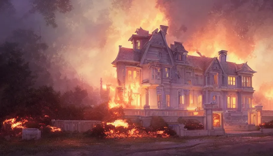 Image similar to A highly detailed matte painting of a white mansion engulfed in flames, by Studio Ghibli, Makoto Shinkai, by Artgerm, by WLOP, by Greg Rutkowski, volumetric lighting, octane render, 4K resolution, trending on artstation, masterpiece